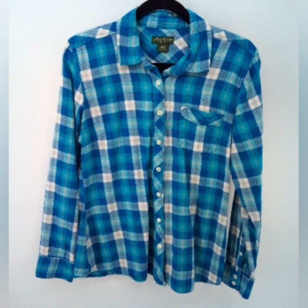 Eddie Bauer 100% Cotton Blue Check Casual Button Down Top M Southwestern
